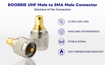 Boobrie 2-Pack UHF to SMA Coax Jack Connector PL259 PL-259 Adapter UHF Male to SMA Male Coaxial Connector Low Loss Coax Adapter for CB Radio Antenna Broadcast Radios WiFi