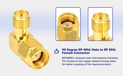 Boobrie 90 Degree Reverse Polarity SMA Coax Adapter RP SMA Male to RP-SMA Female Right Angle Connector for Audio FPV Drone Antennas Radio Video 2-Pack