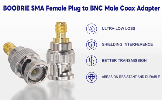 Boobrie 2-Pack SMA Female to BNC Male Adapter SMA to BNC Connector BNC to SMA Plug RF Coaxial Adapter Male Female Coax Connector for Ham Radio,Two Way Radio,SDI HD-SDI,Scanner