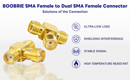 Boobrie SMA Splitter Adapter SMA Female to Dual SMA Female Triple Tee Connector Splitter Antenna SMA 2-Way Converter for WiFi Aerial FPV Drone Radio Baofeng Yaesu Camera Pack of 2