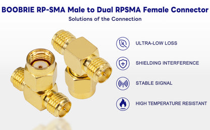 BOOBRIE 2-Pack SMA Connector Splitter RP-SMA Male to 2 RPSMA Female Triple T Adapter 3 Way Splitter Antenna Converter for FPV Drone,GPS,WiFi Antenna (NOT for TV)