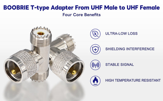 Boobrie 2-Pack PL-259 UHF Triple Tee Connector UHF Male PL259 to Dual UHF Female SO239 Adapter RF Coaxial Connector UHF T Shape 3 Way Splitter for Ham Radio CB Antenna WiFi