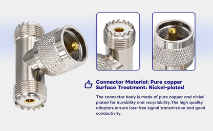 Boobrie 2-Pack PL-259 UHF Triple Tee Connector UHF Male PL259 to Dual UHF Female SO239 Adapter RF Coaxial Connector UHF T Shape 3 Way Splitter for Ham Radio CB Antenna WiFi