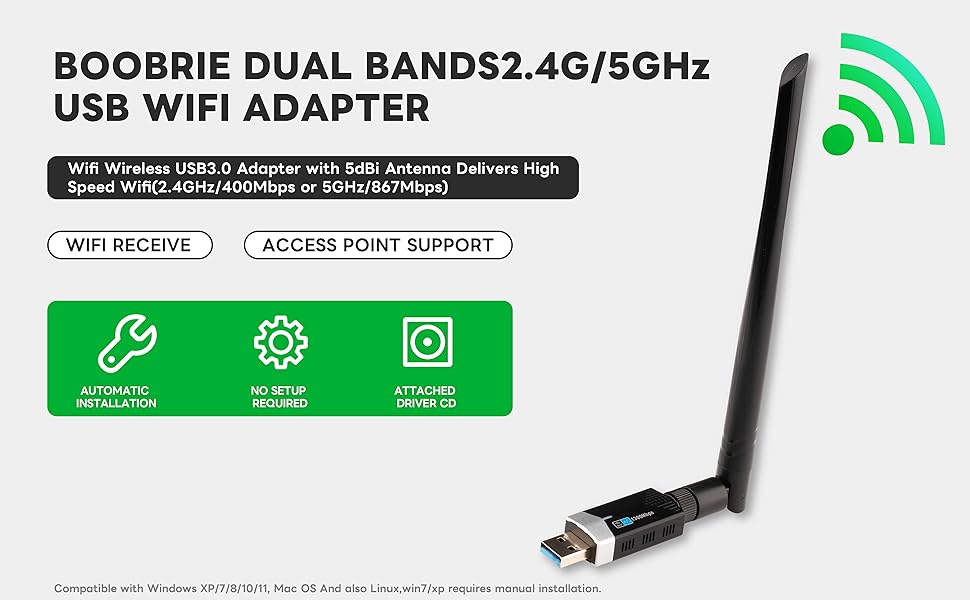 BOOBRIE AC1300Mbps Dual Band USB WiFi Adapter 3.0 High Gain USB Wireless Network Antenna 5DBi 2.4GHz 5GHz USB Network WiFi Antenna USB Adapter with CD Drive for Windows 11/10/8/7 MAC OS 10.09-10.15