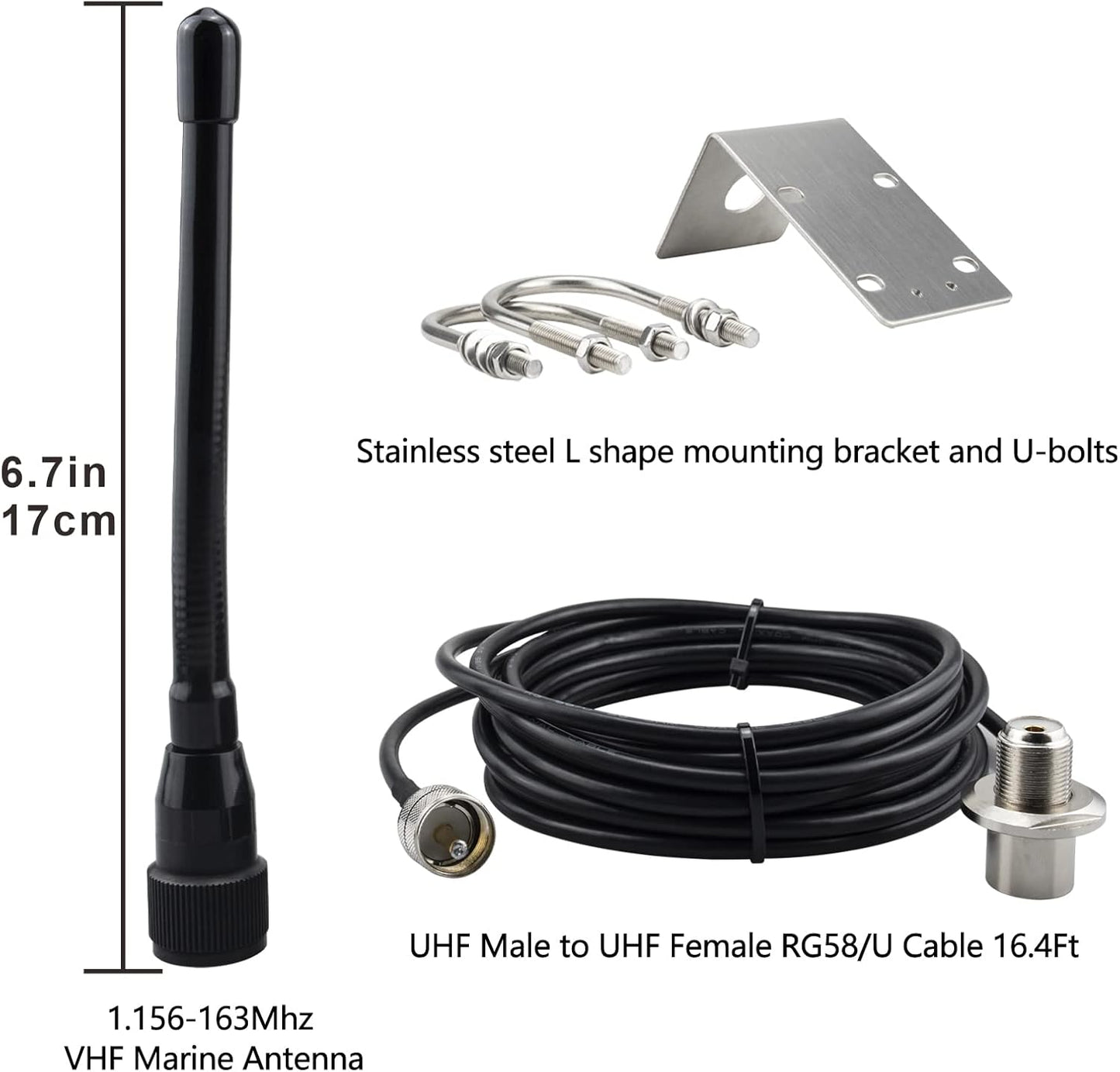 BOOBRIE 156-163MHz VHF Marine Antenna 20cm 2-4dbi Rubber Duck VHF Antenna with PL259 Connector UHF Male to UHF Female SO239 Right Angle 5M RG58 Upgraded 128 Cable