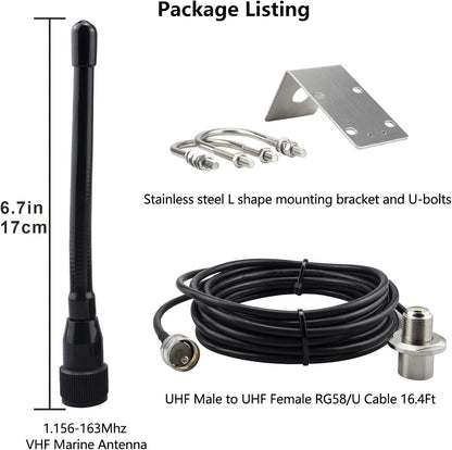 BOOBRIE 156-163MHz VHF Marine Antenna 20cm 2-4dbi Rubber Duck VHF Antenna with PL259 Connector UHF Male to UHF Female SO239 Right Angle 5M RG58 Upgraded 128 Cable