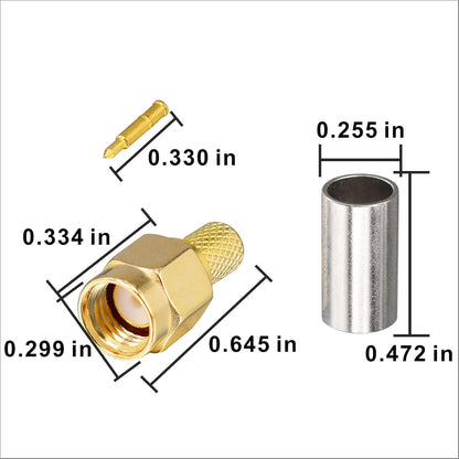 Boobrie 10-Pack SMA Crimp Connector SMA Male Crimp Solder Attachment Straight Adapter 50 Ohm Gold Plated for RG58 RG141 RG142 RG303 LMR195 Coaxial Cable