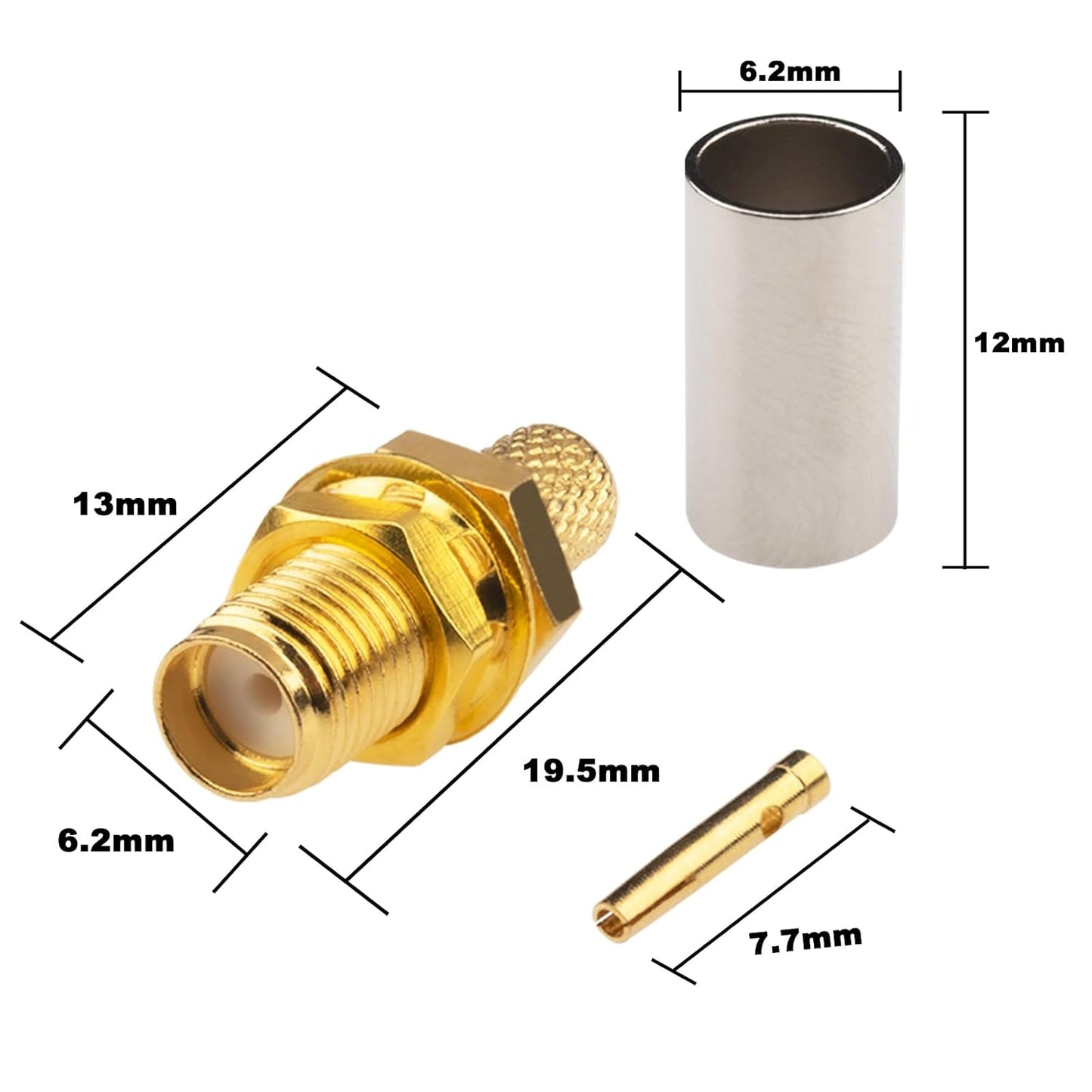 BOOBRIE 10-Pack SMA Female Bulkhead Crimp Connector SMA Female Crimp Solder Connector 50 Ohm Gold Plated for RG58 RG142 RG223 LMR195 LMR200 Coaxial Cable