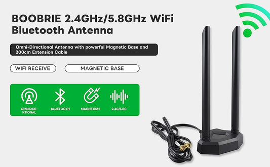 BOOBRIE Dual Band PC WiFi Antenna 5dBi External Wireless Antenna WiFi 2.4Ghz 5,8Ghz with 1.5M Cable RP SMA WiFi Router Signal Booster Magnetic Base Aerial for PC Desktop Computer PCI-E Wireless WiFi