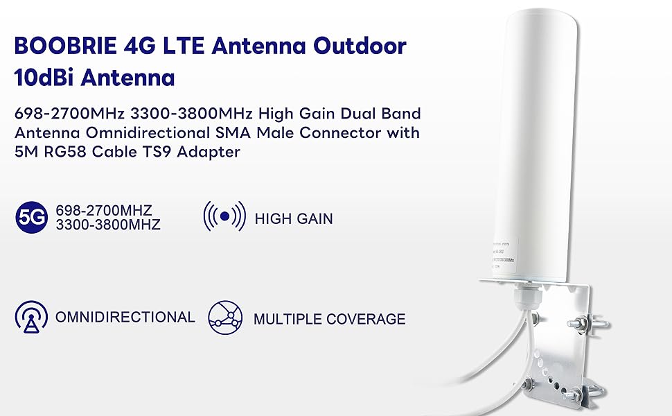 BOOBRIE 4G 5G LTE Antenna Outdoor 10dBi SMA TS9 Adapter Antenna 698-2700 3300-3800MHz WiFi Antenna Outdoor Dual SMA Male 5M RG58 Cable High Gain 4G LTE OmniDirectional Antenna Router Hotspot