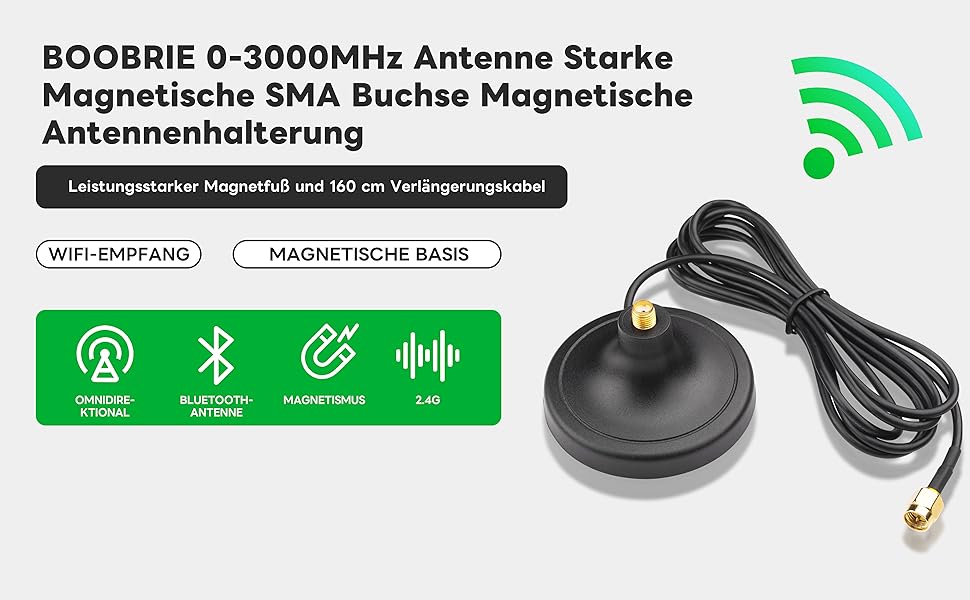 BOOBRIE 0-3000 MHz Antenna SMA Socket Magnetic Antenna Mount for WiFi/LTE 4G/GSM Suction Cup Antenna 1.6 m (≈ 5.25 ft) RG174 SMA Male Plug Extension Coaxial Cable Connector