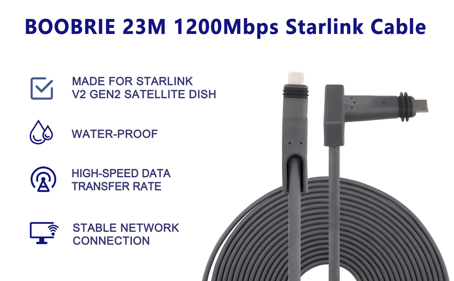 Boobrie Starlink Cable 75.4Ft Starlink V2 Gen2 Replacement Cable 1200Mbps Starlink Cable Extension V2 Waterproof Starlink Cable Extension for Starlink Actuated Gen 2 Gray