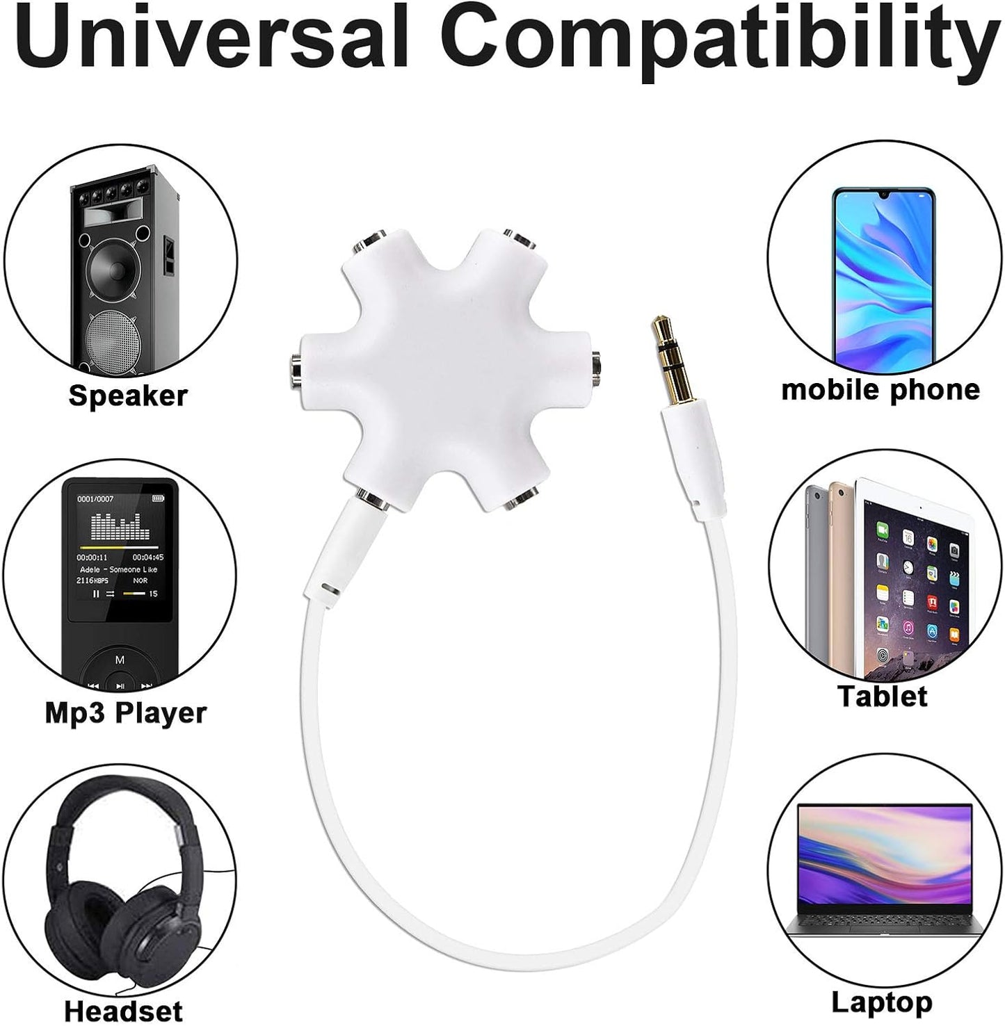 Boobrie 3.5mm Stereo Headphone Jack Multi Splitter 5-Way 6 Port Female Universal Adapter Audio Earphone Plug for Music Sharing Compatible with Mobile Phone/iPod/Laptop/PC/Headphones/Mp3(White)