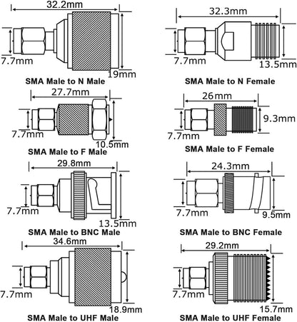 BOOBRIE 16PCS SMA Adapter Kit SMA to BNC UHF N-type F-type Male to Female Connectors SMA RF Coaxial Antenna Adapter WiFi Antenna SMA Adapter SMA Converter for WiFi Antenna/FPV Drone/Extension Cable