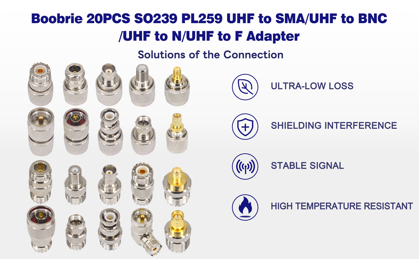 Boobrie 20PCS RF Coaxial Connector Kit UHF Adapter Set UHF Connector Kit SO239 PL259 UHF to SMA/UHF to BNC/UHF to N/UHF to F Adapter Female to Female Coaxial Connector Male to Female Coax Adapters