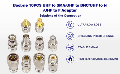 Boobrie 10PCS RF Coaxial Connector Sets UHF Adapter Kit UHF Female Connector UHF to SMA/UHF to BNC/UHF to N/UHF to F Adapter UHF Cable Connector Female to Female Cable Connectors SO239 Connector