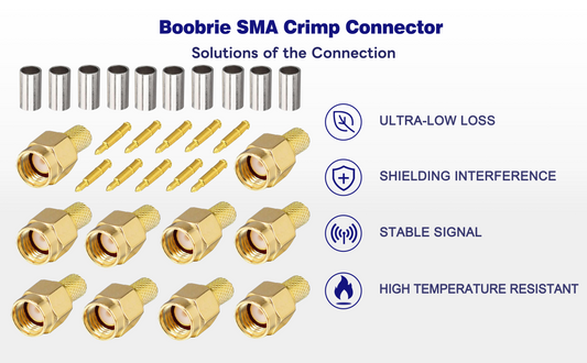 Boobrie 10-Pack SMA Crimp Connector SMA Male Crimp Solder Attachment Straight Adapter 50 Ohm Gold Plated for RG58 RG141 RG142 RG303 LMR195 Coaxial Cable