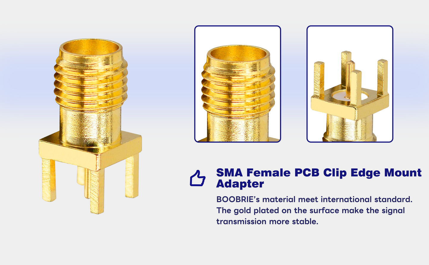 BOOBRIE 10-Pack SMA Female Base Socket(Jack), SMA Female PCB Clip Edge Mount Adapter Straight Solder 50 Ohm RF Connector Vertical Thru Hole- Gold