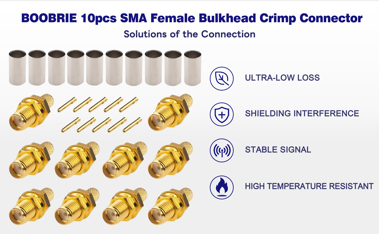 BOOBRIE 10-Pack SMA Female Bulkhead Crimp Connector SMA Female Crimp Solder Connector 50 Ohm Gold Plated for RG58 RG142 RG223 LMR195 LMR200 Coaxial Cable