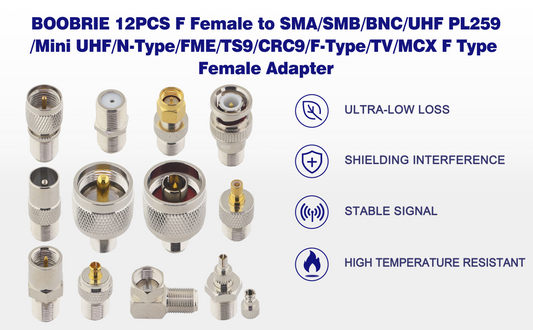 BOOBRIE F Type Connector Kit 12-Pack F Female to SMA/SMB/BNC/UHF PL259/Mini UHF/N-Type/FME/TS9/CRC9/F-Type/TV/MCX F Type Female Adapter F Female to Male Coaxial Connector for TV WIFI Radio Antenna etc