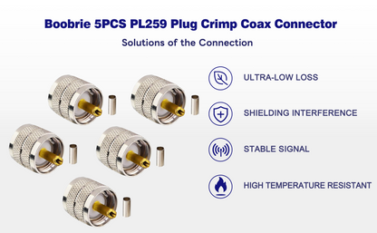 Boobrie PL259 Plug Crimp Coax Connector PL-259 UHF Male Plug Crimp Coax Connector CB Radio Adapter Ham Radio RF Screwed Coupling Connector for LMR100 RG174 RG178 RG316 Coax Cable Pack of 5