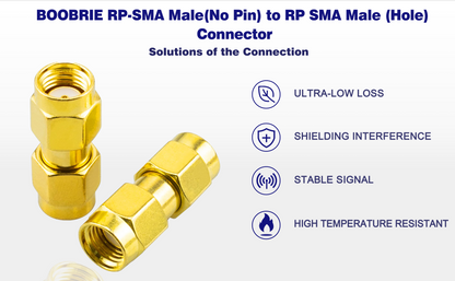 BOOBRIE 2-Pack SMA Antenna Adapter RP-SMA Male(No Pin) to RP SMA Male (Hole) Connector RF Reverse Polarity SMA Male Gender Changer Adapter for FPV Drone Wi-Fi Antenna Radio