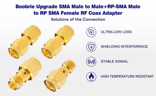 Boobrie 4-Pack SMA Antenna Connector Kit Upgrade 2 Type SMA Male to Male+RP-SMA Male to RPSMA Female RF Coax Adapter DC-18GHz VSWR ≤1.15 SMA RP SMA Adapter for FPV Antennas WiFi Router Signal Booster