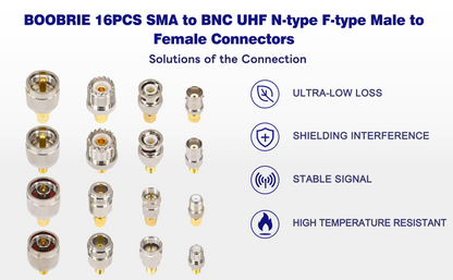 BOOBRIE 16PCS SMA Adapter Kit SMA to BNC UHF N-type F-type Male to Female Connectors SMA RF Coaxial Antenna Adapter WiFi Antenna SMA Adapter SMA Converter for WiFi Antenna/FPV Drone/Extension Cable