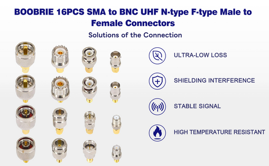 BOOBRIE 16PCS SMA Adapter Kit SMA to BNC UHF N-type F-type Male to Female Connectors SMA RF Coaxial Antenna Adapter WiFi Antenna SMA Adapter SMA Converter for WiFi Antenna/FPV Drone/Extension Cable