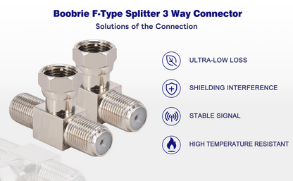 Boobrie F-Type Splitter 3 Way Connector RG6 Satellite TV Splitter F Type Male to Double F Female Triple T Shape Adapter Converter for TV, Satellite Freeview, Sky/SkyHD,Video VCR Antenna Pack of 2