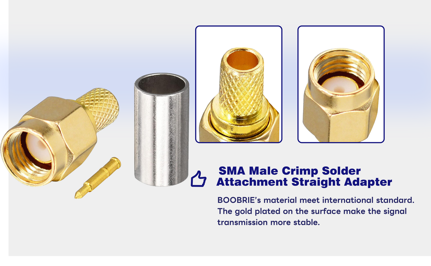 Boobrie 10-Pack SMA Crimp Connector SMA Male Crimp Solder Attachment Straight Adapter 50 Ohm Gold Plated for RG58 RG141 RG142 RG303 LMR195 Coaxial Cable