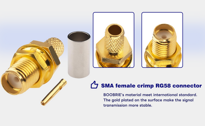 BOOBRIE 10-Pack SMA Female Bulkhead Crimp Connector SMA Female Crimp Solder Connector 50 Ohm Gold Plated for RG58 RG142 RG223 LMR195 LMR200 Coaxial Cable