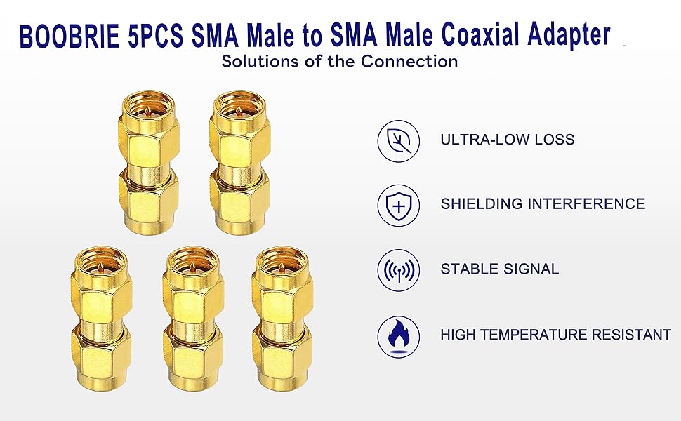 Boobrie SMA Male to Male Adapter SMA Male RF Coax Connector SMA Male Coupler SMA Male to SMA Male Coaxial Adapter SMA Coax Connector for WiFi Antenna Router Radio FPV Drones Radio Video Mobile 5-Pack