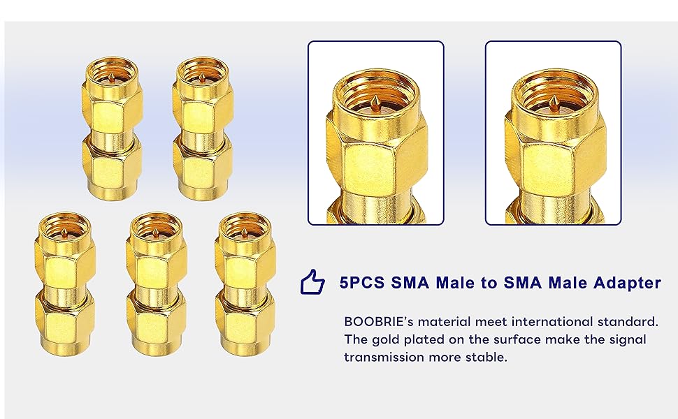 Boobrie SMA Male to Male Adapter SMA Male RF Coax Connector SMA Male Coupler SMA Male to SMA Male Coaxial Adapter SMA Coax Connector for WiFi Antenna Router Radio FPV Drones Radio Video Mobile 5-Pack