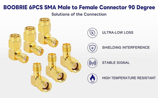 Boobrie 6PCS Right Angle SMA Connector SMA Male to Female Connector 90 Degree SMA Male to SMA Female Right Angle Gold-Plated Connector for Audio FPV Antenna 3G 4G LTE Coax Antenna Radio Video Mobile