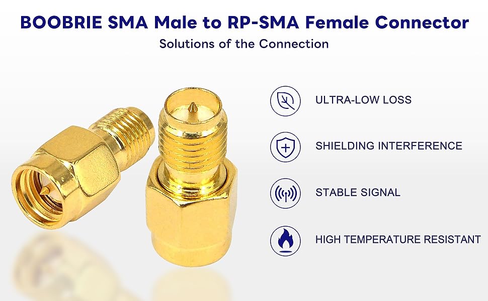 Boobrie RP-SMA Female to SMA Male RF Adapter SMA WiFi Adapter SMA Male to RP-SMA Female Connector RP-SMA to SMA Straight Gold Plated Adapter for FPV Drone Signal Booster Wireless LAN Device Pack of 2