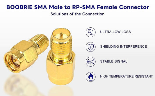 Boobrie RP-SMA Female to SMA Male RF Adapter SMA WiFi Adapter SMA Male to RP-SMA Female Connector RP-SMA to SMA Straight Gold Plated Adapter for FPV Drone Signal Booster Wireless LAN Device Pack of 2