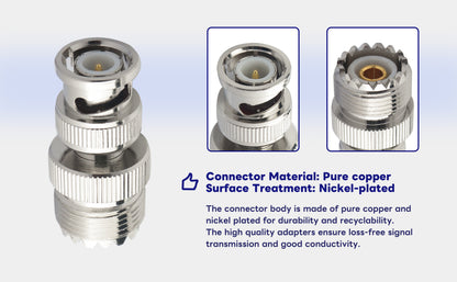 BOOBRIE BNC to UHF Coax Connector BNC Male to UHF SO239 Female Coaxial Connector SO-239 to BNC Coax Adapter Low Loss Ham Radio for PL259 Antenna Wireless LAN Device Coaxial Cable Wi-Fi Radio Pack of 2