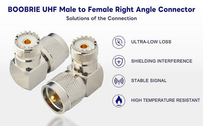 Boobrie SO239 PL259 Right Angle Low Loss UHF Coax Cable Adapter 90 Degree CB Radio Adapter PL259 Coaxial Connector UHF Male PL259 Plug to UHF Female SO239 Jack for Walkie Talkie Ham Radio Pack of 2