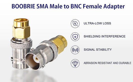 Boobrie SMA Male to BNC Female Coaxial Connector SMA to BNC Adapter BNC SMA Coaxial Connector for RF Antennas, Wireless LAN Peripherals, Coaxial Cable, Wireless, Portable Ham Radio, SDR 2-Pack