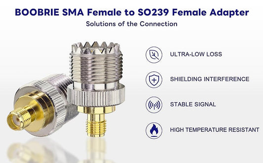 BOOBRIE SMA Female to SO239 Female RF Two Way Radio Coax Adapter SMA Female to UHF Female Adapter SMA to PL259 Female SMA to SO239 Female for Ham Radio Walkie Talkie amateurs Baofeng Uv-5R Pack of 2