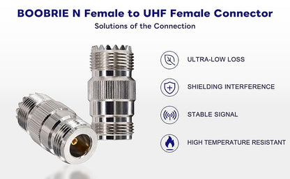 Boobrie 2PCS N Female to UHF Female SO-239 Connector RF Coaxial Adapter N to SO-239 UHF Female Jack Straight for WiFi Antenna, CB Radio, Analyzer, Coaxial Cable