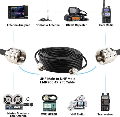 Boobrie Upgraded UHF PL259 Cable 49.2ft UHF Male to Male Cable CB Coax Cable Low Loss UHF PL259 Extension Cable for CB Ham Radio, Antenna| LMR200 Equivalent, better than RG58