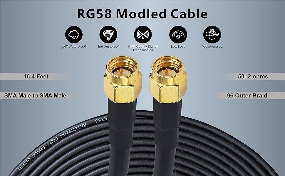 Boobrie SMA to SMA Cable 5M 16.4ft RG58 Coax Cable 50 Ohm SMA Male to SMA Male Extension Cable Low Loss SMA Extension Antenna Cable for 3G/4G/LTE/GPS/RF Radio/WiFi Antenna/Two-Way Radio Applications