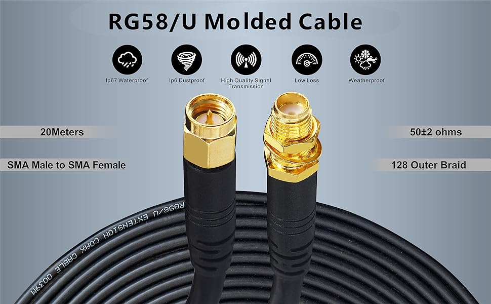 Boobrie Upgraded 20M WiFi Antenna Cable SMA Male to SMA Female RG58 Upgraded 128 Coaxial Cable 50 ohms SMA Extension Cable RG58 Pro Low Loss 4G Antenna Wifi Router Extension 3G 4G LTE WiFi Antenna Wireless LAN