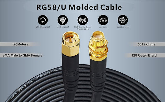 Boobrie Upgraded 20M WiFi Antenna Cable SMA Male to SMA Female RG58 Upgraded 128 Coaxial Cable 50 ohms SMA Extension Cable RG58 Pro Low Loss 4G Antenna Wifi Router Extension 3G 4G LTE WiFi Antenna Wireless LAN