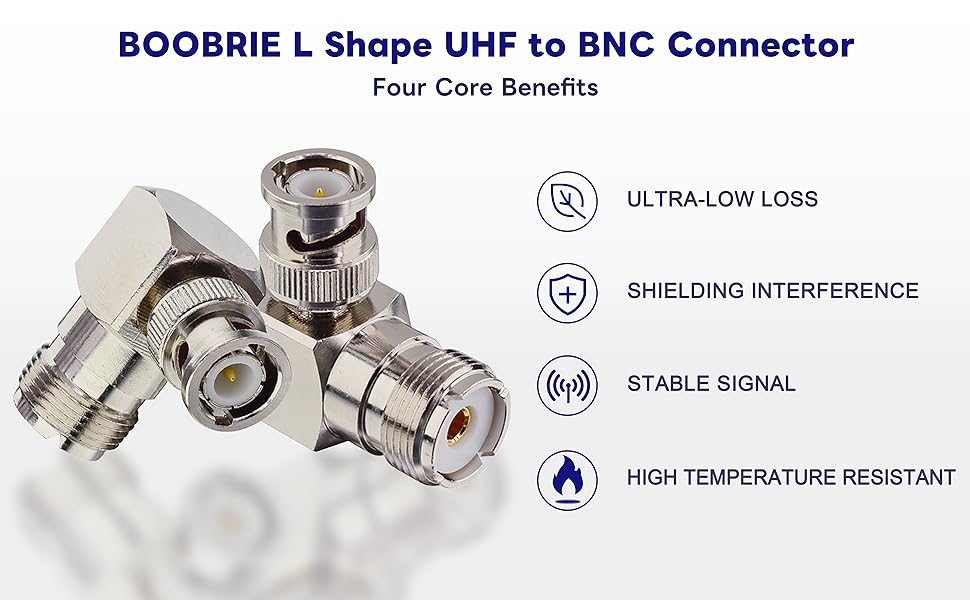 Boobrie L Shape UHF to BNC Connector BNC Male to UHF Female Connector BNC to UHF Right Angle Coax Adapter BNC Male to SO239 90 Degree Coax Cable Connector for CB Ham Radio/Antenna/Scanner (2-Pack)