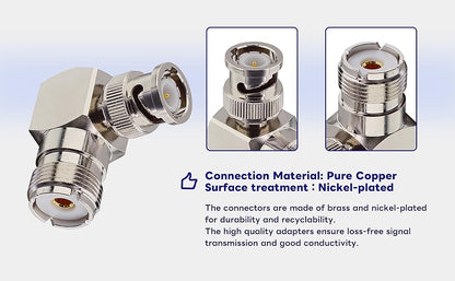 Boobrie L Shape UHF to BNC Connector BNC Male to UHF Female Connector BNC to UHF Right Angle Coax Adapter BNC Male to SO239 90 Degree Coax Cable Connector for CB Ham Radio/Antenna/Scanner (2-Pack)