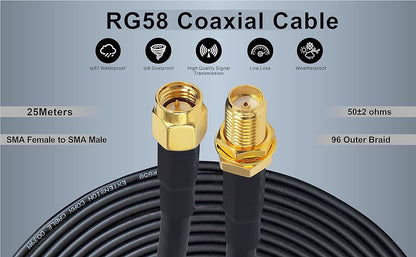 Boobrie 25M WiFi Antenna Cable SMA Male to SMA Female Cable RG58 50 Ohm SMA Male to Female Coaxial Pigtail Jumper Cable for 2G 3G 4G LTE Low Loss WiFi Antenna Wireless LAN Router GPS RF Radio Use