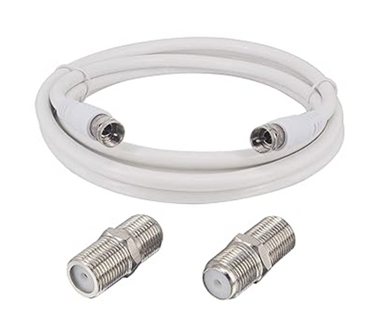 BOOBRIE 6.56Ft RG6 TV Coaxial Cable Connectors Set White F-Type Male to Male Coax TV Antenna Extension Cable +2pcs F Female to Female Connectors Coupler for TV Antenna, DVR, VCR, Satellite, Sky Virgin